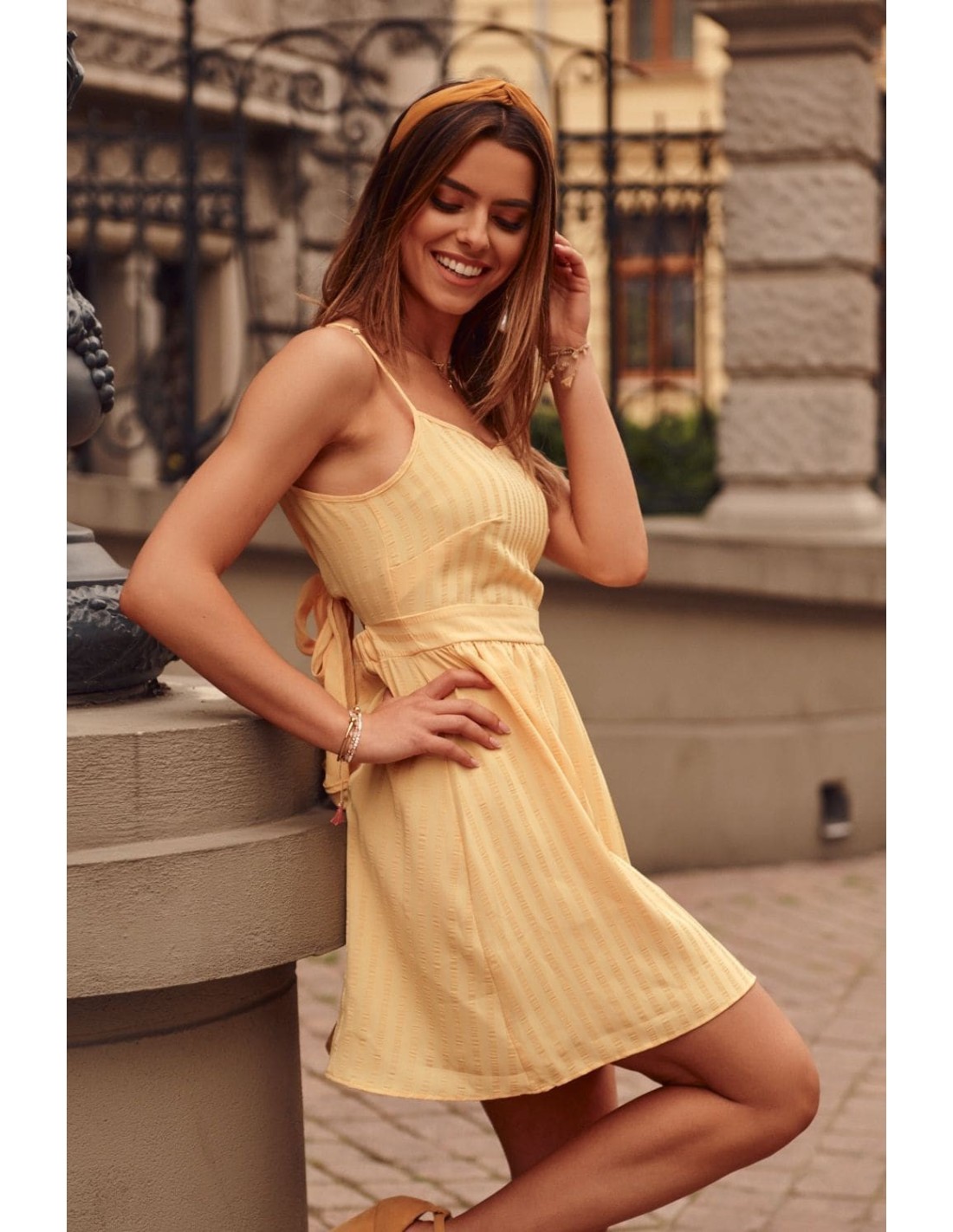 Striped dress tied at the back, yellow PR3202 - Online store - Boutique